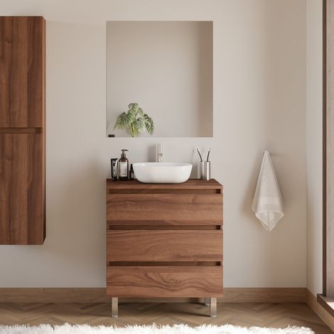 Meuble de salle de bain 60cm avec plateau et vasque à poser arrondie - 3 tiroirs - noyer (bois foncé) - MAYOR