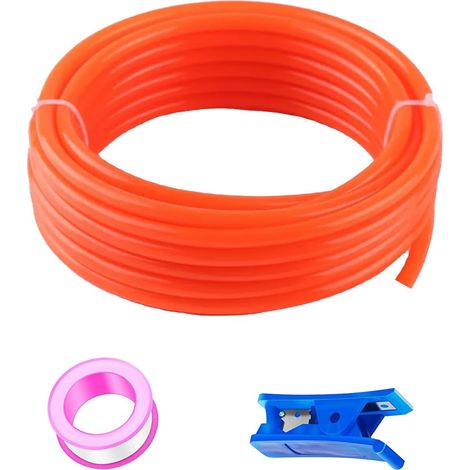 Tuyau pneumatique orange PU 50 m, flexible, diamètre extérieur 8 mm x diamètre intérieur 5 mm + 1 coupe-tuyau bleu + 1 ruban téflon rose (1/5)