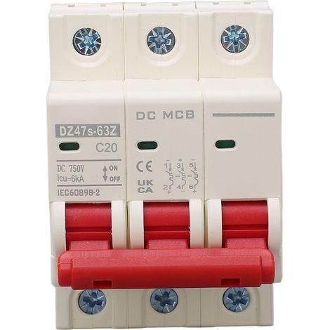 Disjoncteur miniature DC 3P 20A 6000A 750V DZ47s-63Z C20 pour système solaire photovoltaïque, montage rail DIN, pouvoir de coupure élevé. (1/5)