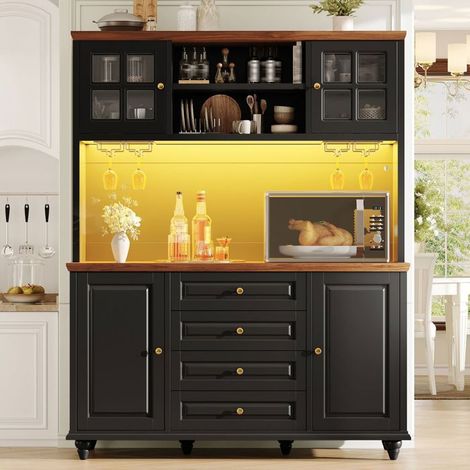 Vitrine de Rangement éclairage LED RGB étagères réglables porte-verres métallique corps en MDF pieds en bois d'hévéa finition noire (1/5)