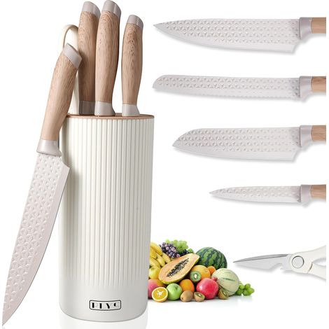 Set de Couteaux : Ensemble de 6 Pièces, Comprenant 2 Couteaux de Cuisine, 1 Couteau à Pain, 1 Paire de Ciseaux et Un Bloc de Couteaux Universel, Pour Viande, Légumes et Fruits, Kaki (1/5)