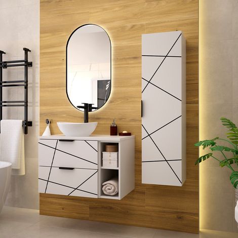 Conjunto de muebles con lavabo individual 80cm 2 compartimientos y columna Teren Blanco (1/5)