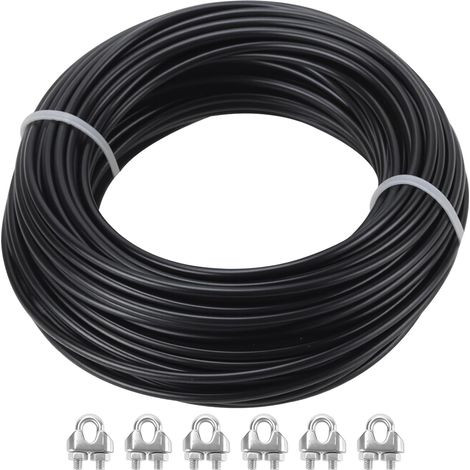 Câble acier 3mm x 20m - Câble métallique en acier inoxydable gainé PVC noir - Avec 6 pinces M3 - Pour jardin, clôture, escalier, balcon, fixation (1/5)