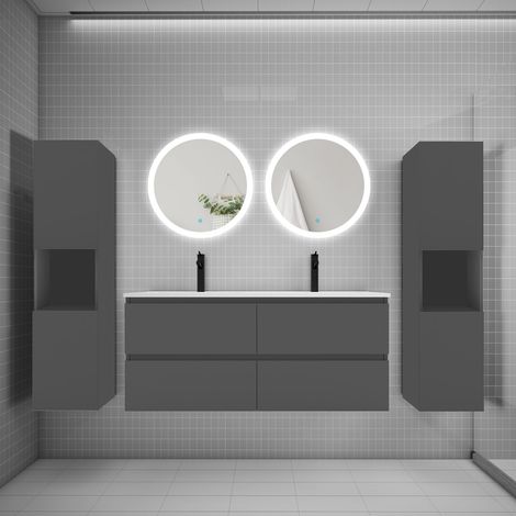 AICA Ensemble meuble double vasque L.120cm 4 tiroirs + lavabo + 2LED miroirs rond 60cm + 2colonne,anthracite B