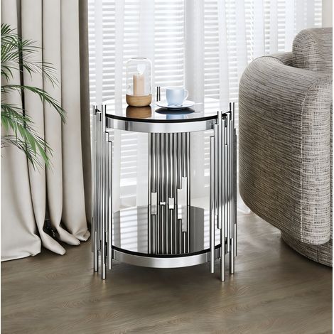 Mesa de centro redonda de 45 cm en vidrio templado de 6 mm, negro y plata DESVIAE (1/5)