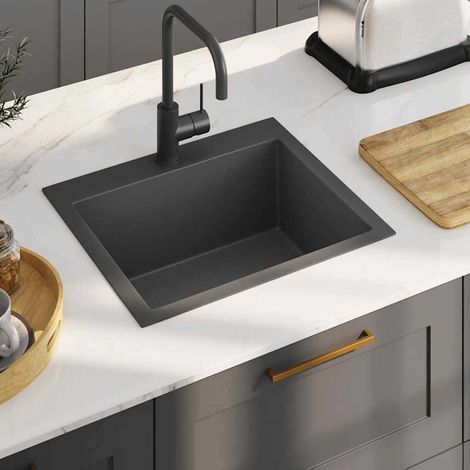 Évier de cuisine inox noir fait main 53x50 cm – Acier inoxydable épaisseur 2,5 mm, design cadre en X, insonorisé, montage sous plan/encastré/suspendu, avec trou robinet (1/5)