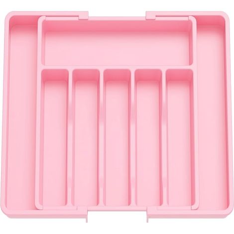 Range Couverts, Plateau d'Ustensiles Extensible pour Tiroir, Organisateur de Tiroir Réglable pour la Cuisine, Rangement Compact en Plastique pour Cuillères, Fourchettes, Rose (1/5)