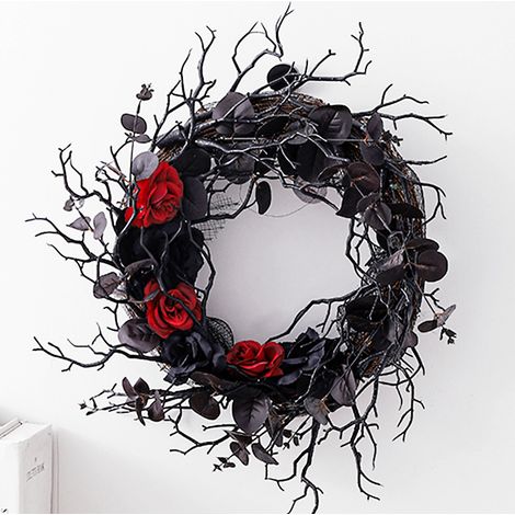 Halloween-Kranz aus toten Zweigen, künstlichen Blumen, schwarzer Deko-Kranz zum Aufhängen an der Tür, festliches Gesteck, Rattanring zum Aufhängen an der Wand (1/3)
