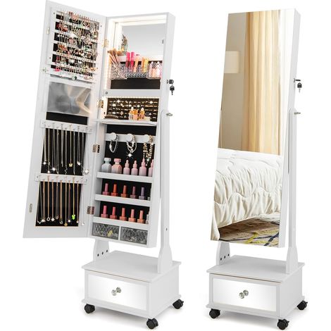 Goplus – Armoire à bijoux avec éclairage LED 3 couleurs – Miroir pleine longueur 120x37cm – Roues verrouillables et angle réglable – Capacité 84 emplacements (1/5)
