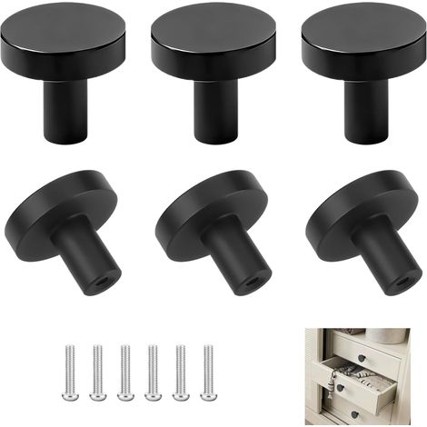 Set de 6 Boutons de Tiroir, Boutons de Meuble Noir monotrou, Poignées Meubles Ronds avec Vis Montage pour Armoire, Cuisine, Commode, pour Améliorer le Design et l'Aspect des Meubles (20x25 mm) (1/5)