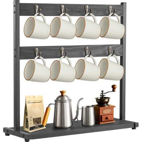2-Tier Mug Tree 16 Hook Coffee Mug Holder Stand with Storage Base Mug Display Organizer Mug Holders Cup Storage Organizer for Home Kitchen Bar Counter Display Tea (Original wood without shelves)