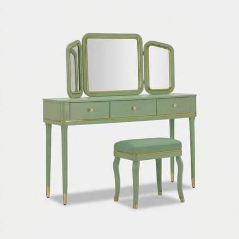 Coiffeuse Camille vert sauge avec miroir et tabouret (1/5)