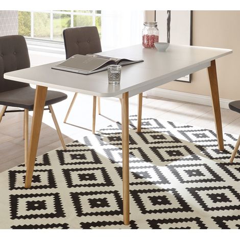 Retro Esstisch ausziehbar 180cm MAINZ-61weiß matt mit Eiche Riviera Nb. B/H/T ca. 140-180x75x80cm (1/5)