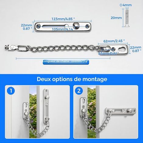Entrebailleur Chaîne de Porte Verrou Interieure, Brossé Securite Limiteur Étroit Loquet Anti-Vol en Acier Inoxydable pour Cabinet Chambre Fenêtre (1/4)