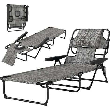 Chaise longue pliante jardin dossier réglable 4 niveaux, trou lecture appui-tête, gris 72x194x31 cm (1/5)