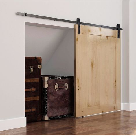 Sistema de puerta corredera de 200 cm de acero negro OKMYHOME (1/5)