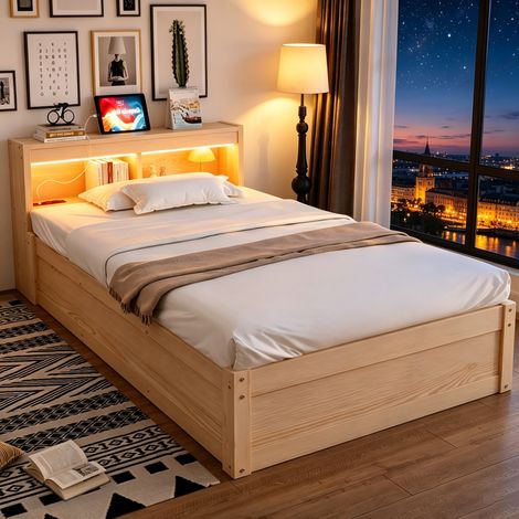 Multifunktionsbett 90x200 cm holzfarben aus MDF mit Steckdose, LED-Lichtleiste und Stauraum (1/5)