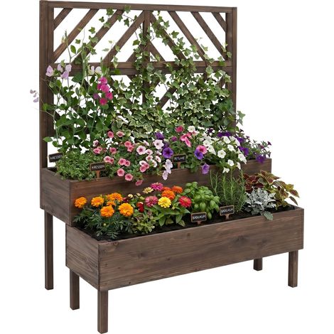 Relaxdays Blumenkasten mit Spalier, HBT: 135x109x62 cm, Holz, 2 Pflanzkübel & Sichtschutz, Garten Hochbeet, dunkelbraun