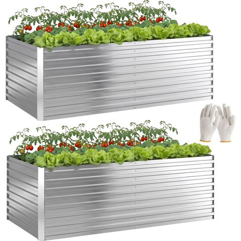 Ensemble de 2 bacs de jardin surélevés en métal galvanisé avec rebord sécurisé. jardinière surélevée pour légumes. argent (1/5)