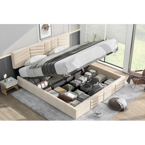 Lit double rembourré avec coffre de rangement hydraulique, revêtement en velours, motif rayé, style européen, tête de lit réglable, 160 x 200 cm, beige (1/5)