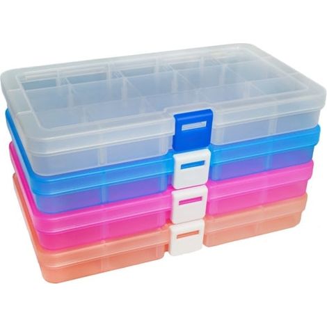 Boîte de rangement en plastique à 15 compartiments, séparateur ajustable, organisateur pour bijoux, boucles d'oreilles, outils (lot de 4, 4 couleurs) (1/5)