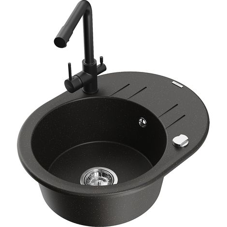 Mexen Kevin lavello in granito a 1 vasca con scolapiatti e rubinetto cucina Duero, nero/oro metallico - 6517-75-671600-70 (1/5)