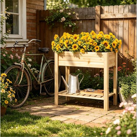 Jardinera elevada 80x40x75 cm color madera en madera maciza con estante de almacenaje (1/5)