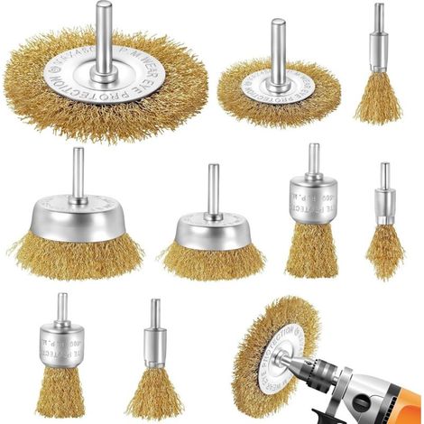 Lot de 9 Brosse Metallique pour Perceuse, Brosse Laiton pour Perceuse Queue de 6 mm, Brosses Meuleuse, Visseuse Perceuse à Pour nettoyer le métal/le bois/la peinture/le brossage de surface (1/5)