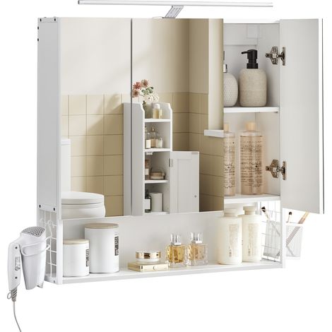 Vasagle – Armoire murale de salle de bain avec miroir – 3 portes – Étagères réglables – Lampe LED avec câble – Support pour sèche-cheveux – Blanc