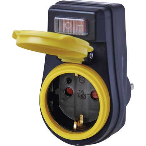 EMOS - Presa esterna con interruttore - Presa Schuko con tappo - 250 V, 16 A, 3680 W - Isolamento in gomma - IP44 per esterni - Nero (1/5)