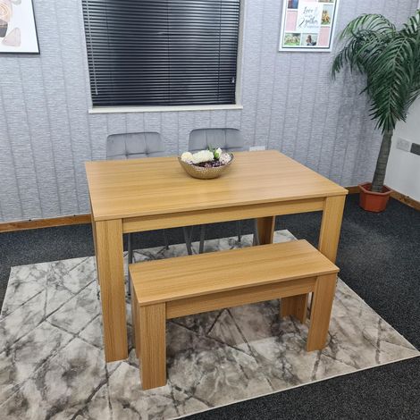 Dining Table and 2 Chairs With Bench Oak Effect Wood 2 Grey Velvet Chairs Dining Room (1/5)