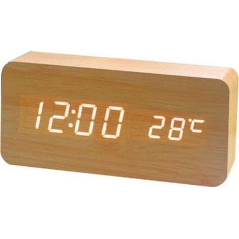 Horloge numérique en bois – Réveil LED multifonctionnel avec affichage de l'heure, de la date et de la température, et commande vocale, pour la maison et les déplacements. (1/5)