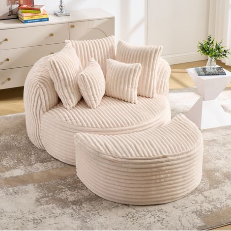 Fauteuil relax rond en chenille beige avec dossier, accoudoirs et pouf, 168 x 123 x 63 cm, OKWISH (1/5)