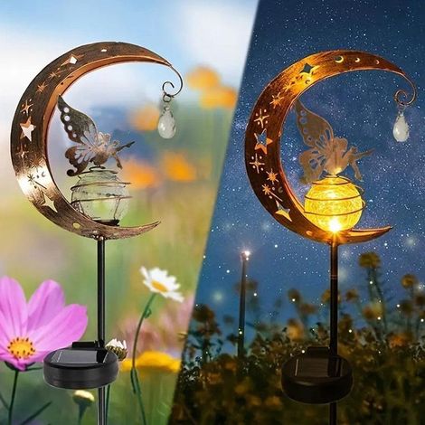 Lampe solaire de jardin à piquet, lune féerique en verre avec décoration d'ange (1/5)