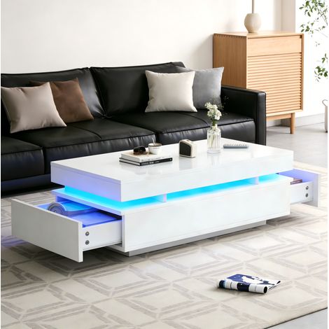 Couchtisch 100x50x35 cm Weiß mit LED und 2 Schubladen aus Spanplatte – MEUBLIV (1/5)