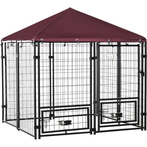 Enclos pour chien extérieur, cage en acier avec verrou, 2 gamelles pivotantes et couverture en tissu Oxford, chenil noir et rouge (1/5)
