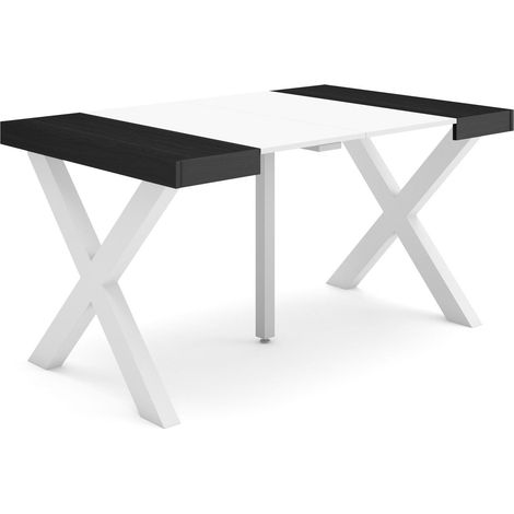 Skraut Home - Table console extensible, Console meuble, 140, Pour 6 personnes, Pieds bois massif, Style moderne, Blanc et noir (1/5)