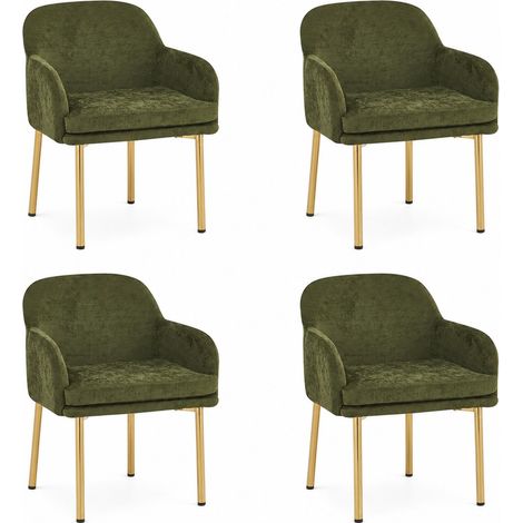 Set de 4 sillas de comedor tapizadas con reposabrazos, respaldo ergonómico, patas ajustables, metal y madera verde (1/5)