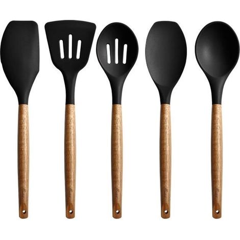 (Le noir)Ustensile de cuisine - Non spécifié - Kit de 5 pièces - Silicone noir - Bois d'acacia - Anti-adhésif (1/4)