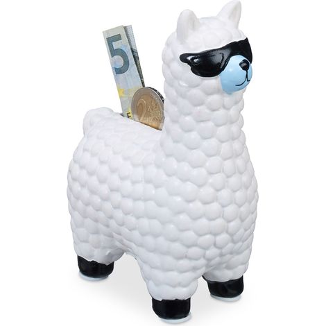 Relaxdays Tirelire Lama Alpaga blanc urne déco boite économies épargnes pièces monnaies bouchon 15,5 x 11 x 6 cm, blanc