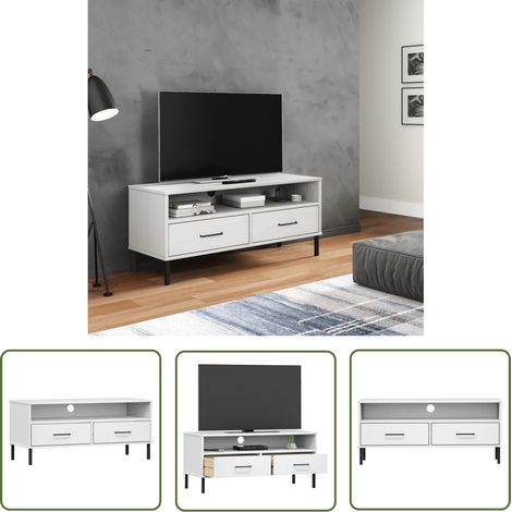 The Living Store TV-Schrank OSLO mit Metallbeinen Weiß Massivholz Kiefer - TV Schrank - Holzmöbel - Kiefernholzmöbel - Weißer TV Stand - Wohnzimmerschrank (1/5)