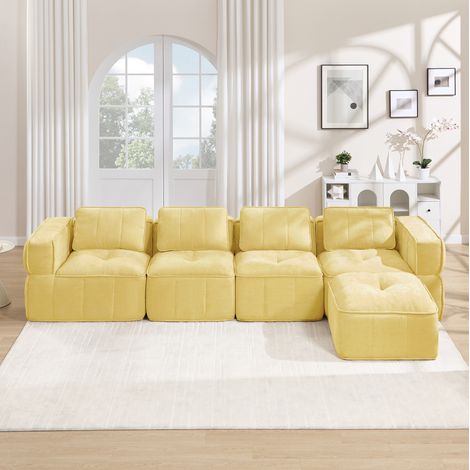 Divano angolare modulare 344x162x67 cm in poliestere giallo con pouf – MEUBLIV (1/5)