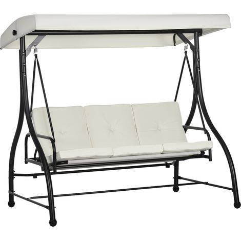 3 Seater Canopy Swing Chair, 2 in 1 Garden Swing Seat Bed, with Adjustable Canopy and Metal Frame, Cream White (1/5)