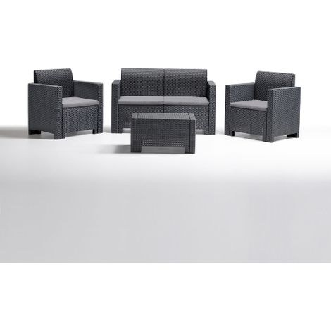 Salotto Nebraska 2 in resina effetto polirattan antracite composto da divano due poltrone con cuscini e un tavolino da giardino esterno (1/5)