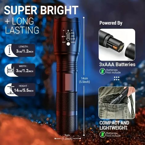 2er-Pack LED-Überlebenstaschenlampen – Militärtaschenlampe – 1000 Lumen – Zoomfunktion – Notbeleuchtung – Ideal für Erste-Hilfe-Sets