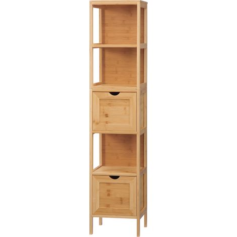 Meuble de rangement colonne pour salle de bain en bambou 2 tiroirs amovibles et 3 étagères 30 x 30 x 140 cm naturel (1/5)