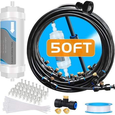 Système de brumisation avec filtre à eau - Ligne améliorée de 50 pieds (15 m) et 18 buses de brumisation en laiton pour le refroidissement des terrasses en extérieur Kit de systèmes de brumisation (no (1/5)
