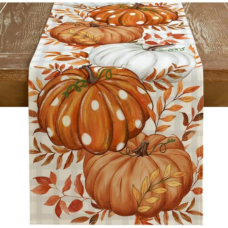 1 Chemin de table, motif feuilles érable citrouille, lin écologique, 33x120 cm, pour mariage anniversaire fête extérieur（Q3 : Nouveaux produits pour le mois d'août） (1/5)
