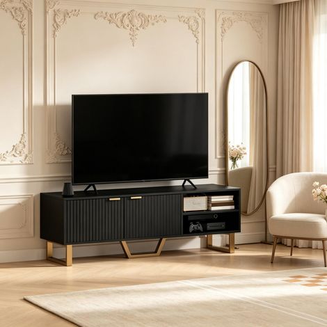 Meuble TV pour téléviseurs jusqu'à 70 pouces, support TV avec 2 portes rainurées, compartiment ouvert et passe-câbles. (1/5)