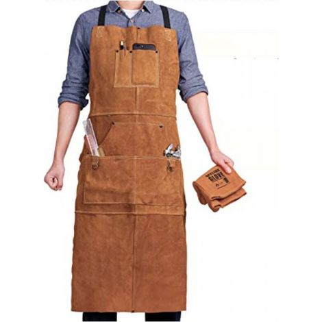 Tablier de soudeur à 6 poches, tablier de travail en cuir ignifuge et résistant à la chaleur, tablier de charpentier pour hommes, réglable M à XXXL, idéal pour forgeron, machiniste, atelier (1/4)